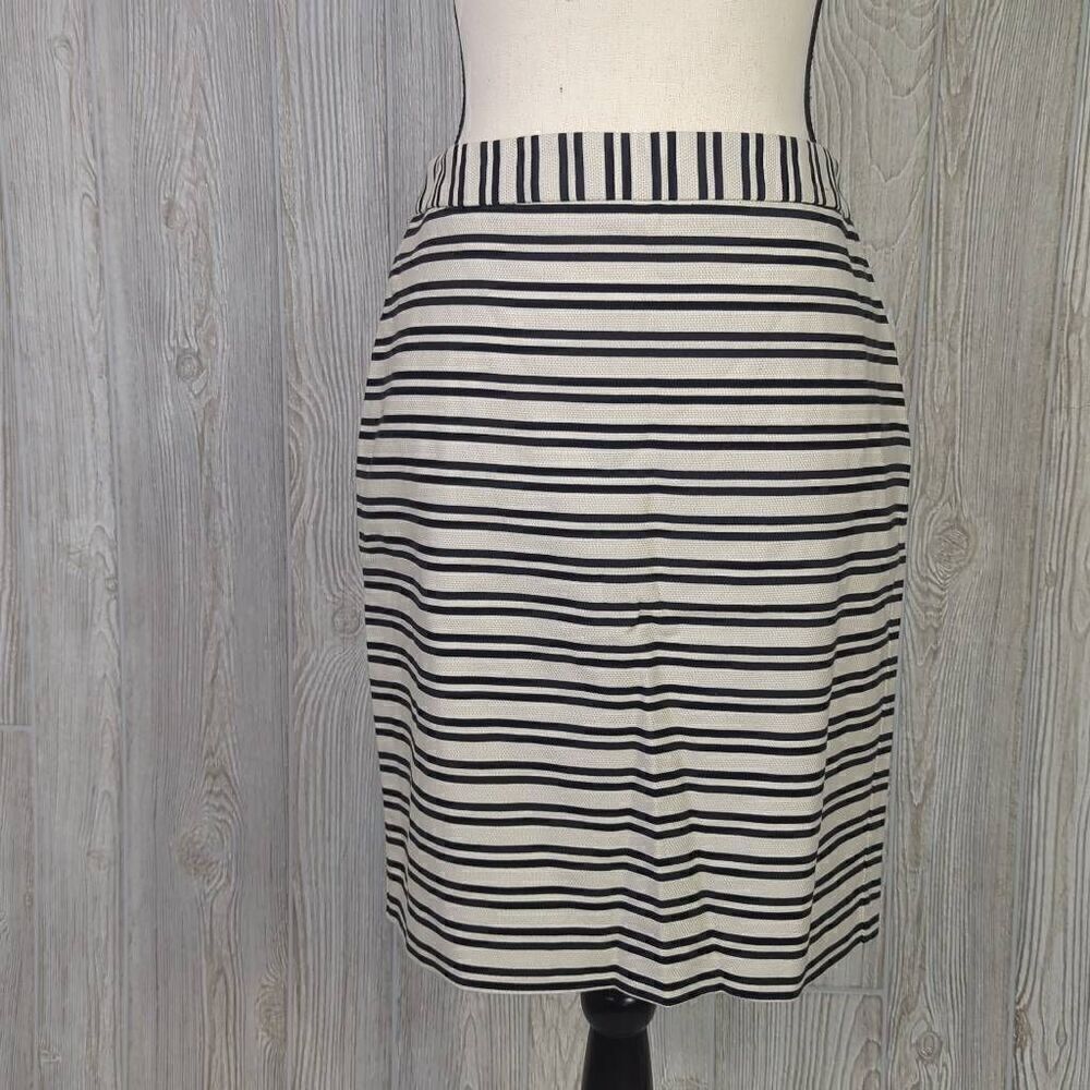Loft Womens Size 6 Skirt Black Cream Stripe Back Zipper Slit Cotton Stretch NWT